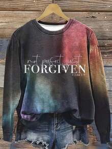 Plus Size English Text Ombre Print Crew Neck Sweatshirt Casual Black Spring - Black - View 6