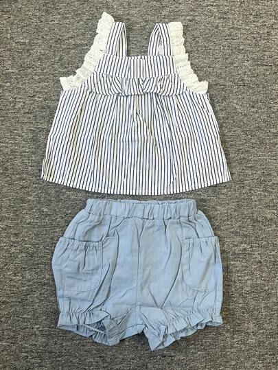 2 件套夏季新生儿服装，条纹荷叶边吊带上衣 + 纯色短裤，女婴 0-3 岁