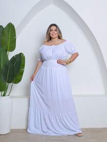 Vestido Longo Plus Size Manga Bufante Elástico - Branco - Visão 2