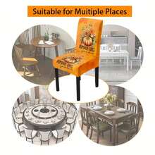 Set 4/6 huse de scaun moderne vintage cu imprimeu de frunze de arțar și dovleac - material elastic, lavabil la mașină, potrivit pentru decorul mesei de Ziua Recunoștinței - Multicolor - Vizualizare 9