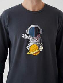 Piżama męska na wiosnę i jesień, okrągły dekolt, bluza z nadrukiem astronauty i niedźwiedzia, długi rękaw, spodnie w paski, dwuczęściowy zestaw, swobodny, wygodny, można nosić poza domem, ubrania na zimę - Wielokolorowe - Zobacz 7