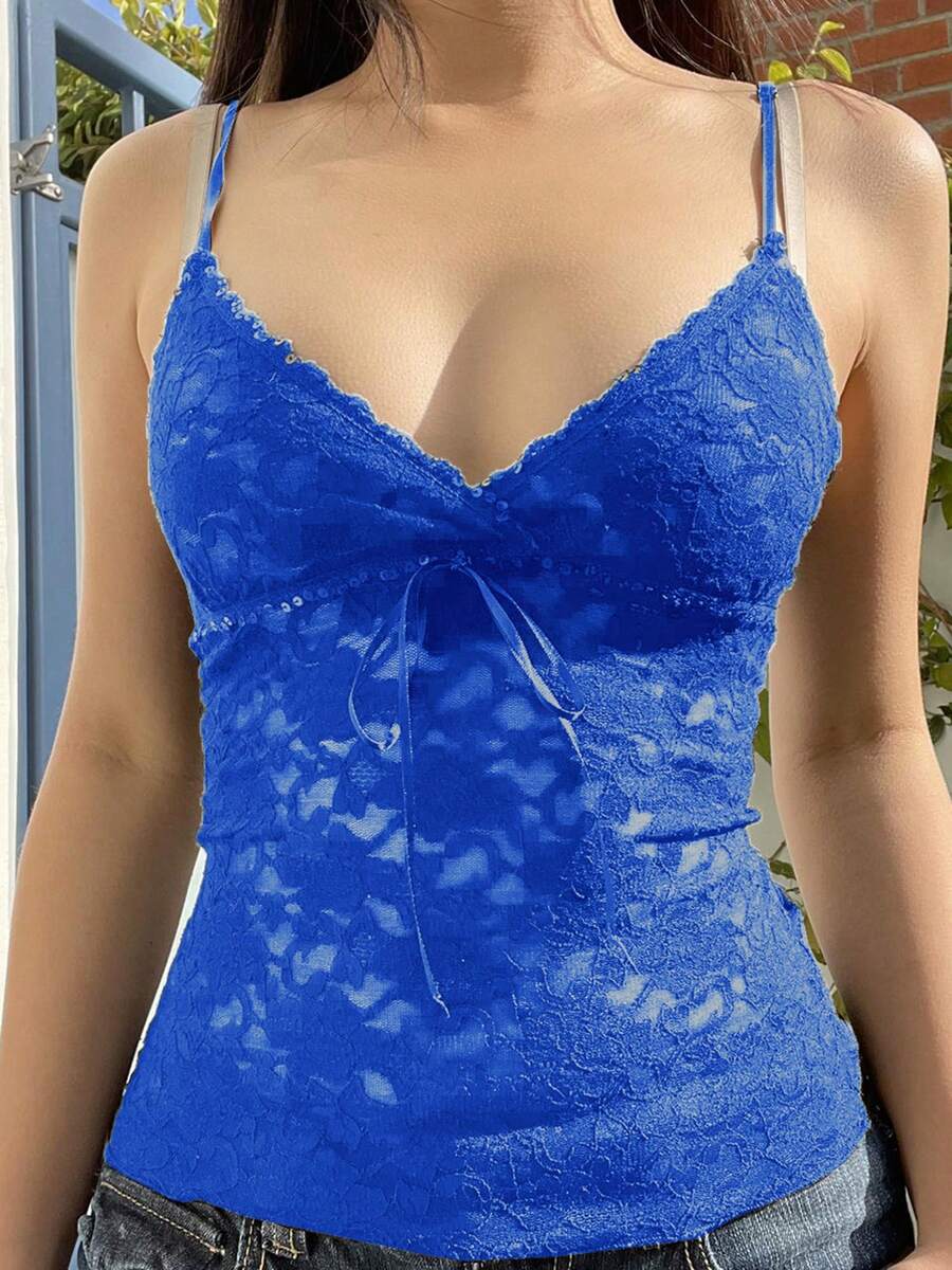 Women Spaghetti Strap Camisoles Floral Lace V-Neck Sleeveless Sling Tank Tops Summer Backless Slim Fit Vests Streetwear - 藍色 - 查看 1