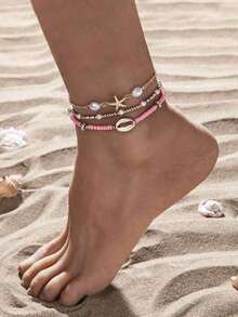 3pcs/Set Summer Beach Style Metal Starfish & Shell Beaded Glass Bracelet Set For Women - Nhiều màu - Xem 6