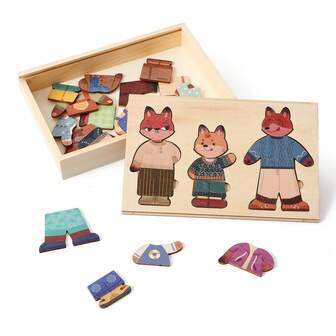 Wooden Family Animal Puzzle - Interchangeable Fox Puzzle, Parent-Child Interactive Game, Child's First Family Puzzle Set, Puzzle Gift Set, Fine Motor Skills Training Toy