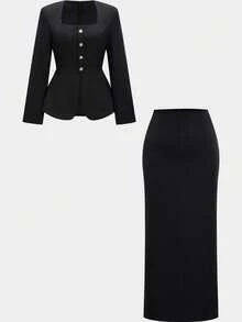 2pcs Women's Elegant Square Collar Ruffle Trim Blazer Jacket And Pencil Skirt Set, Featuring Ruffle Hem And Button Front Details
