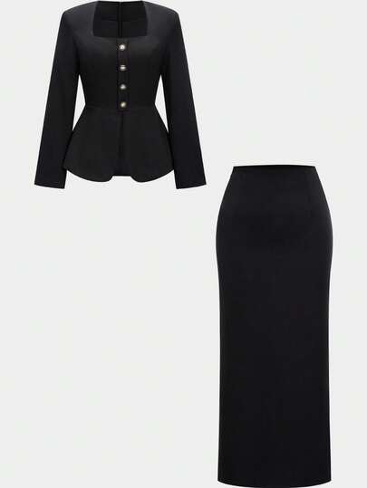 2pcs Women's Elegant Square Collar Ruffle Trim Blazer Jacket And Pencil Skirt Set, Featuring Ruffle Hem And Button Front Details