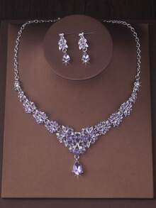 Luxury Purple Crown Pendant Necklace Earrings Bridal Jewelry Set For Women Wedding Dress Accessories