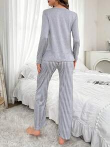 Gray Printed Long Sleeve Top & Pants Pajama Set For Women, Fall Winter Clothes - Grey - View 2