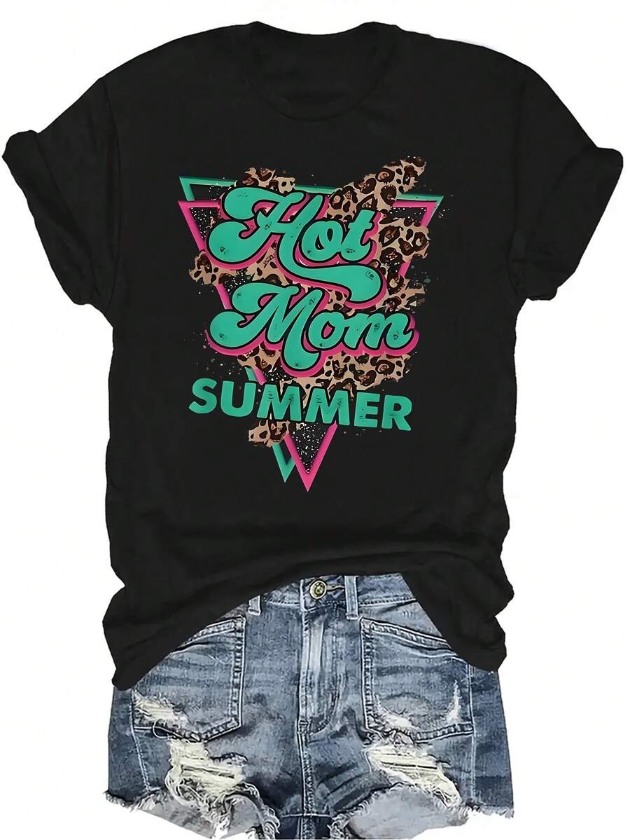 Camiseta de verano para mamá Hot Mom, unisex, de verano, casual, transpirable, de personalidad, de cuello redondo, de manga corta, ropa de calle, versátil, adecuada para adolescentes y adultos - Negro - Ver 1
