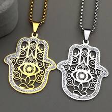 Hamsa Fatima's Hand Evil Eye Lotus Stainless Steel Necklace For Women Men Gold Color Rhinestones Islam Chain Arabic Jewelry