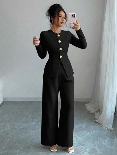 طقم بنطلون وبلوزة طويلة الأكمام ذو لون واحد للنساء في بداية الخريف، طقم كاجوال بسيط للحفل التخرج وافتتاح الموسم