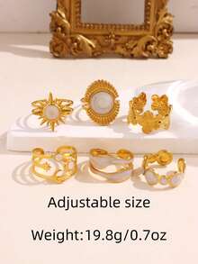 ROMWE Fairycore 6 件套复古奢华百搭优雅独特金色向日葵、星星、花朵、几何树脂女士戒指套装、节日珠宝 - 彩色 - 查看 5