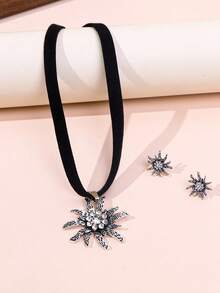 1pc Elegant Rhinestone Snowflower Pendant Necklace & 1 Pair Snowflower Earrings, Suitable For Women, Beer Festival, Daily, Holiday Outfits