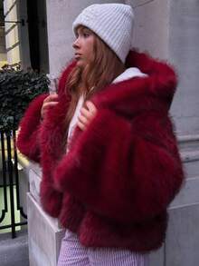 Áo khoác ngắn trùm đầu màu đỏ lông giả mùa đông cho nữ, áo khoác lông giả màu trơn cho ngày lễ, hàng ngày, tiệc sinh nhật, buổi tối trang trọng - Đỏ - Xem 5