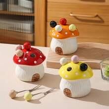 1 Set Of 7 Pieces With 6 Forks & 1 Base Ceramic Mushroom Shape Dessert Fruit Cake Fork Set With 304 Stainless Steel Forks - Suitable For Fruit, Dessert, Party Party Furniture Decoration, Christmas Gift Party Decoration