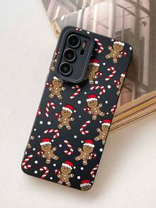 1 szt. Świąteczny wzór piernikowego ludzika i laski cukrowej, czarny, całkowicie pokryty, antypoślizgowy, miękki pokrowiec na telefon, kompatybilny z 'em 11, 12, XR, 13, 13 Pro, 13 Pro Max, 14, 14 Pro, 14 Pro Max, 15, 15 Pro, 15 Plus, 15 Pro Max, 16, 16 Pro, 16 Plus, 16 Pro Max