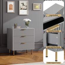 Meiyiu 3 Drawer Dresser For Bedroom, Fluted Modern Nightstand With Deep Drawers, Chest Of Drawers With Wide Top, Wooden Dresser Organizer, Side Table For Living Room, Hallway, Kids Room - 灰色 - 查看 4