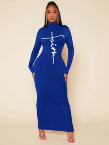 Women's Long Sleeve Turtleneck Printed Detailed Viscose Full Length Dress, 19098 - Blue - View 1