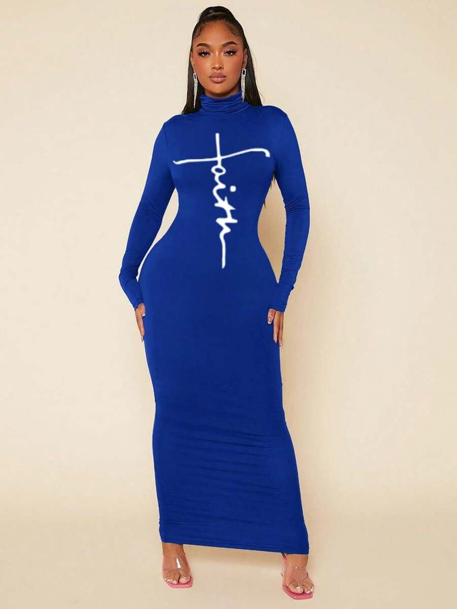 Women's Long Sleeve Turtleneck Printed Detailed Viscose Full Length Dress, 19098 - Blue - View 1