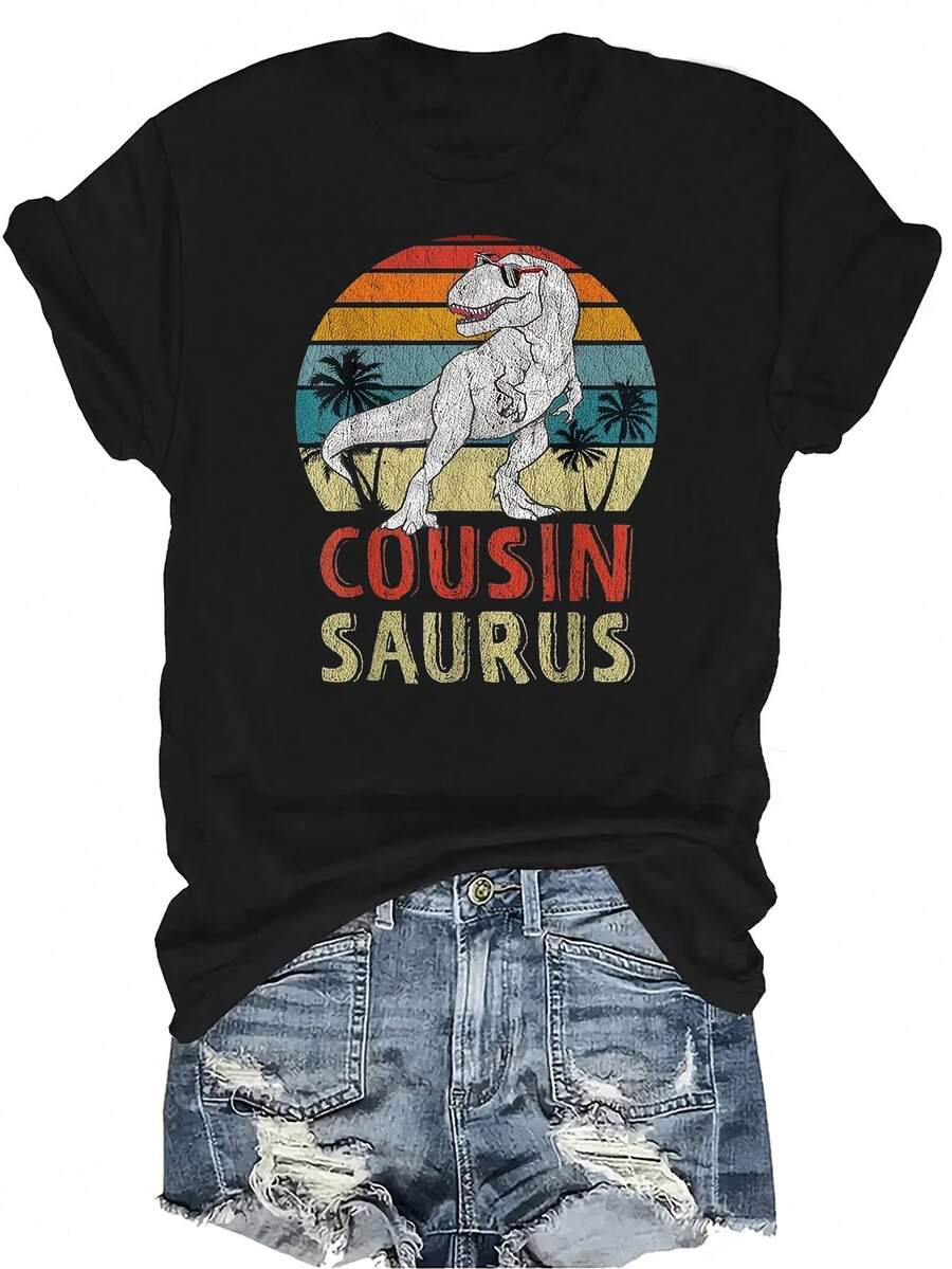 Camiseta de dinosaurio Cousinsaurus T-Rex unisex, de verano, casual, transpirable, de personalidad, de cuello redondo, de manga corta, de uso versátil, adecuada para adolescentes y adultos - Negro - Ver 1