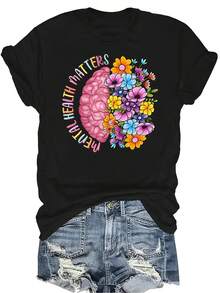 Camiseta de mujer y unisex con estampado de medio cerebro y media flor, de verano, casual, transpirable, de personalidad, de cuello redondo, de manga corta, de uso versátil, adecuada para adolescentes y adultos - Negro - Ver 1