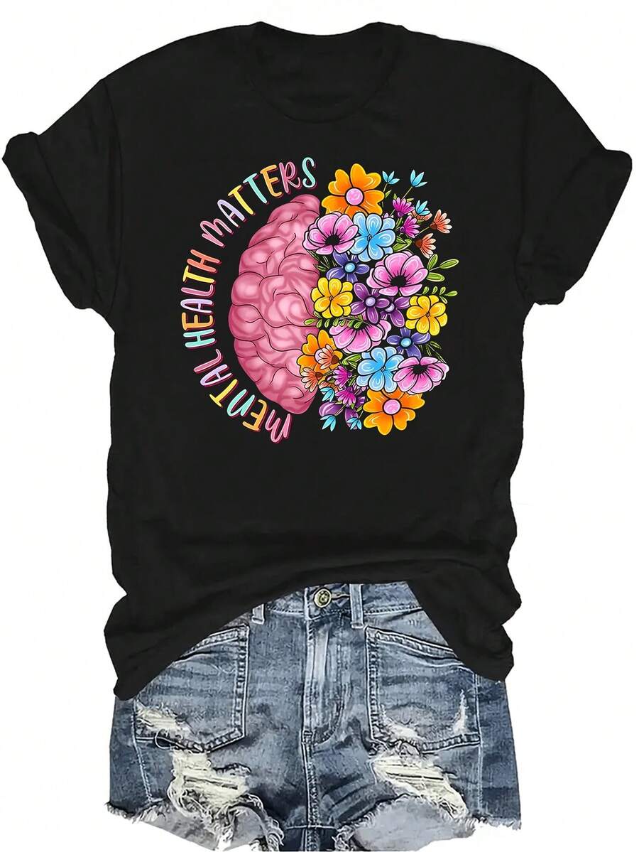 Camiseta de mujer y unisex con estampado de medio cerebro y media flor, de verano, casual, transpirable, de personalidad, de cuello redondo, de manga corta, de uso versátil, adecuada para adolescentes y adultos - Negro - Ver 1