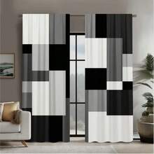 2pcs Modern Geometric Black - White - Gray Patchwork Curtains Upgrade Your Space With These Chic Patchwork Curtains! Featuring A Bold Mix Of Black, White, And Gray Geometric Blocks, They Bring A Contemporary, Artistic Vibe. Perfect For Modern Living Rooms, Offices, Or Any Area Needing A Stylish, Minimalist Touch. Durable Fabric, Easy To Match. - Multicolor - View 1