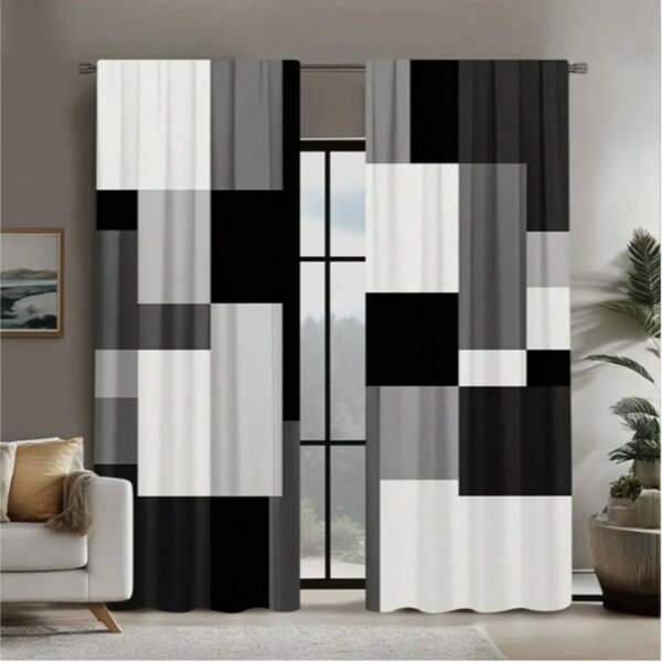 2pcs Modern Geometric Black - White - Gray Patchwork Curtains Upgrade Your Space With These Chic Patchwork Curtains! Featuring A Bold Mix Of Black, White, And Gray Geometric Blocks, They Bring A Contemporary, Artistic Vibe. Perfect For Modern Living Rooms, Offices, Or Any Area Needing A Stylish, Minimalist Touch. Durable Fabric, Easy To Match.