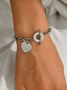 1pc Unisex Stainless Steel Heart Engraved Lip Chain Silver Bracelet, Suitable For Daily Wear, Gifts, And Casual Outfits