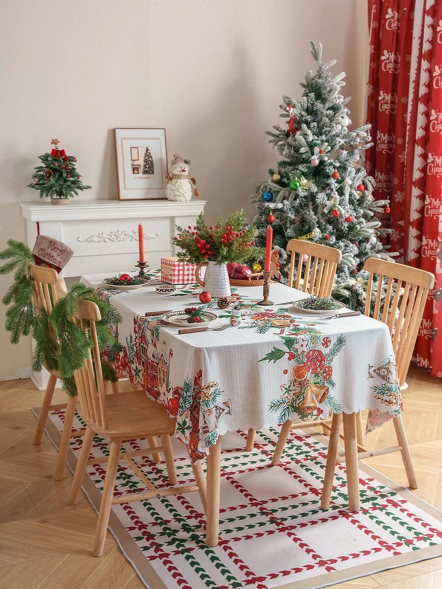 1 Peça Toalha de Mesa Impressa com Estampa de Natal e Bordas Relevadas