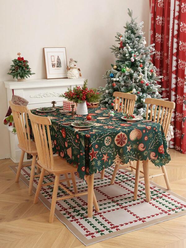 1pc Christmas Print Tablecloth With Embossed Edges, Decorative Dining Table Cover For Holiday Decor