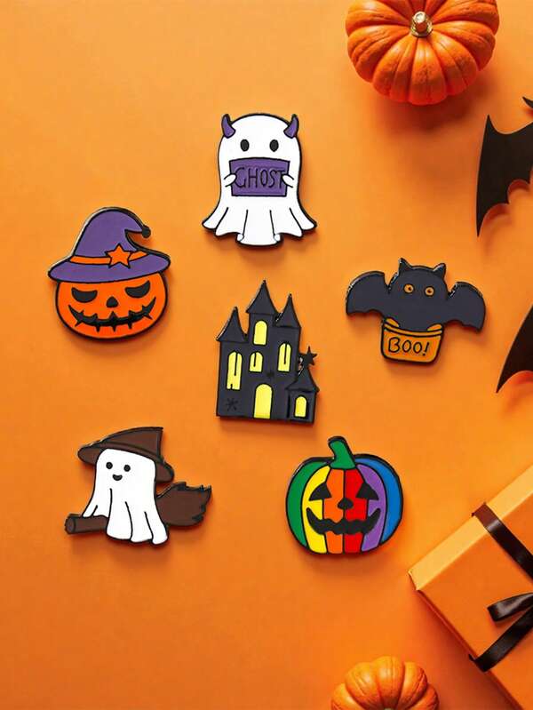 1/6pcs Small Ghost Halloween Holiday Brooch, Cute Pumpkin Metal Badge, Halloween Decorative Clothing Bag Accessories, Gothic Style Vampire Castle Bat Decor Clothes Pin Funny Teacher Gifts Halloween Accessories Teachers Day Jewelry Costume Accessories Bag Charms Office Accessories