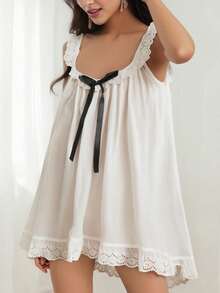 Women's Y2K Sleepwear Babydoll Mini Dress Lace Trim Sleeveless Bow Tie Front Ruffle Flowy Pajama Cami Dress Summer Loungewear Nightwear Dress Daily Casual Lounge Short Dress - 白色 - 查看 9
