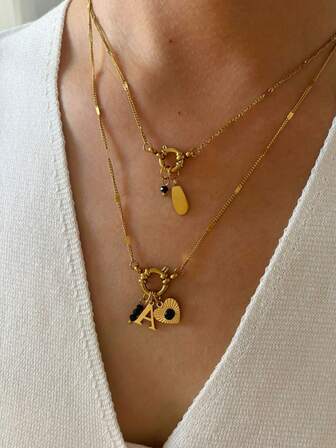 1pc Chic Luxury Letter Heart Beaded 18k Waterproof Stylish Versatile Necklace For Women