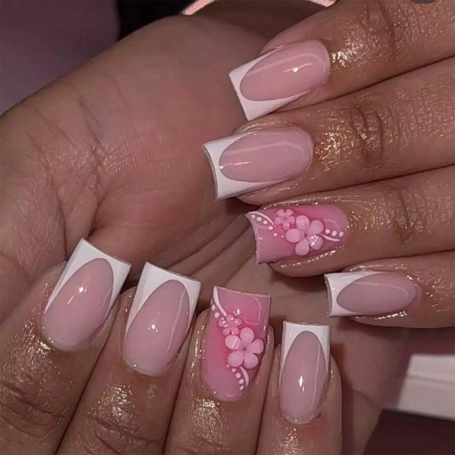 White French Tip Press On Nails Short Square Fake Nails With 3D Flower Charms Design Glue On Nails Cute False Nails Glossy Full Cover Stick On Nails Summer Acrylic Nails For Women Manicure 24Pcs - 漸層白粉色 - 查看 1