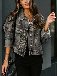 女士长袖牛仔夹克，豹纹拼布设计 - 灰色 - 查看 3