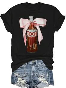 Camiseta "Beber cola juntos" Unisex de verano, casual, transpirable, de personalidad, cuello redondo, manga corta, ropa de calle, versátil, adecuada para adolescentes y adultos - Negro - Ver 1