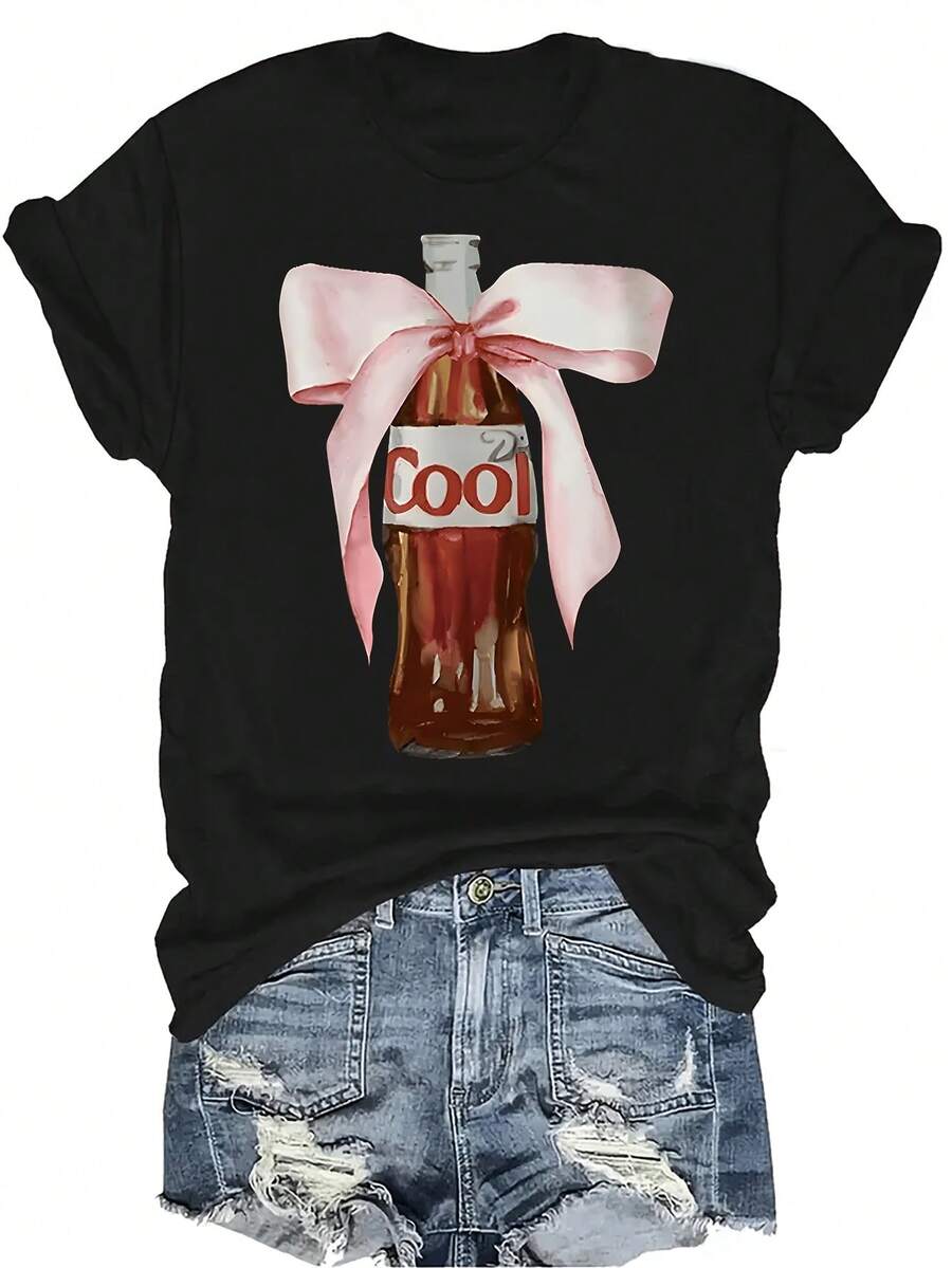 Camiseta "Beber cola juntos" Unisex de verano, casual, transpirable, de personalidad, cuello redondo, manga corta, ropa de calle, versátil, adecuada para adolescentes y adultos - Negro - Ver 1