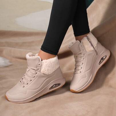 Women's Soft-Sole Air Cushion Lace-Up Snow Boots, Thermal-Lined Thick Round Toe Mid-Calf, Warm, Breathable, Casual, Versatile Winter Boots For Students