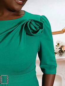 Đầm chữ A xếp ly ngắn tay cổ tròn họa tiết hoa 3D màu xanh lá cây mùa xuân, cỡ lớn, thanh lịch và duyên dáng, thích hợp cho sinh nhật, đám cưới, lễ tốt nghiệp, dạ hội, lễ hội trường, tiệc Giáng sinh và các dịp khác. - màu xanh lá - Xem 3