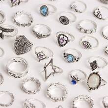 20枚/套 复古优雅波西米亚风人造石戒指，休闲派对礼物，男女日常珠宝配饰 - 20個戒銀色 - 查看 8