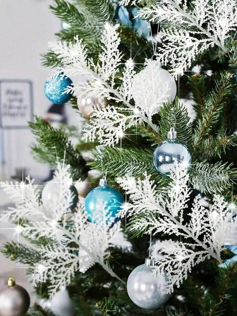 5/10pcs Sparkling Fir Decor, Christmas Desktop Ornaments, Glitter Christmas Tree Hanging Decorations, Artificial Pine Needle Decor, Vase Filler, Holiday Party Supplies, Home Decor, Christmas Decoration Fake Plant