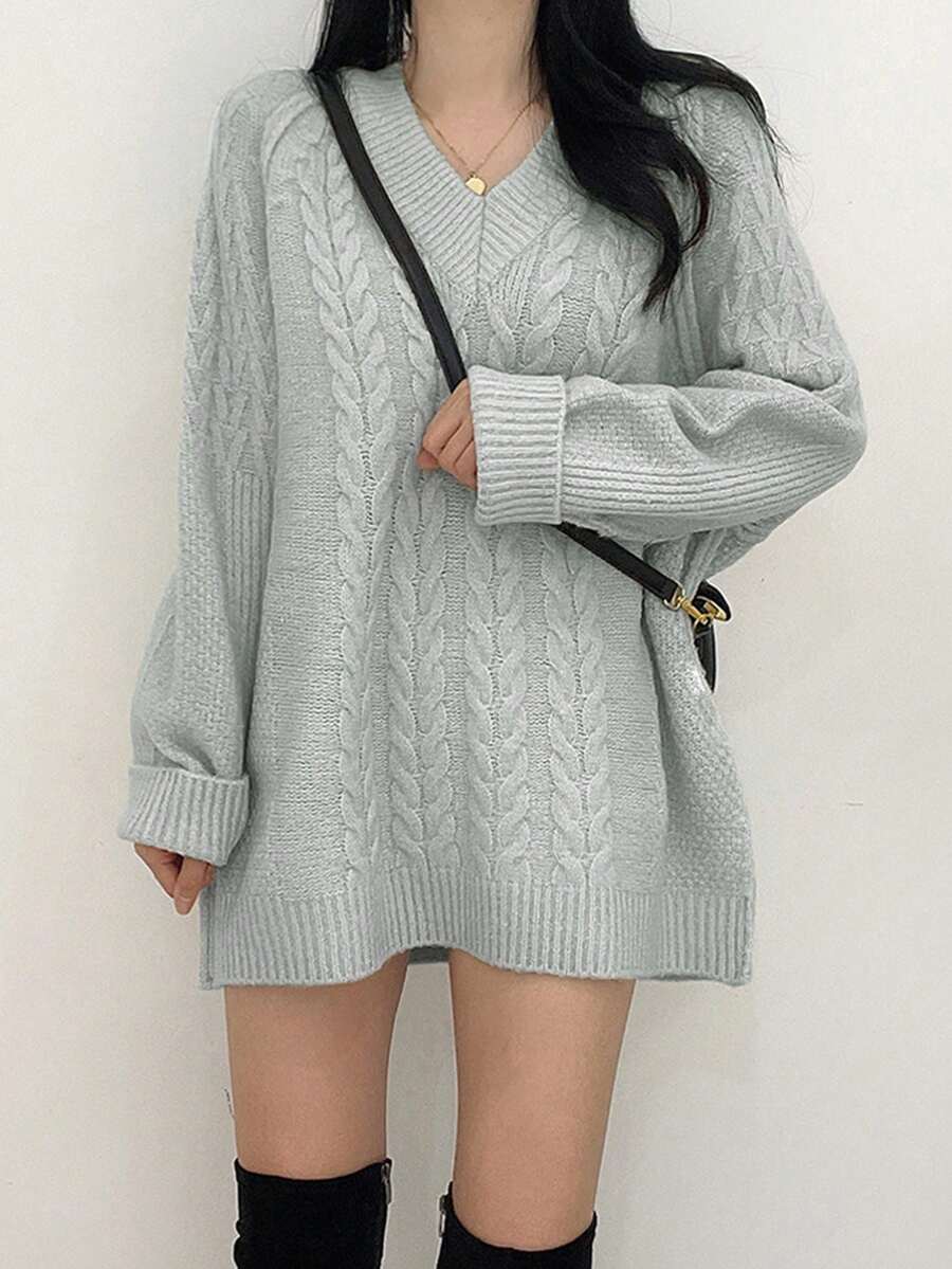 Solid Color Cable Knit Pullover Sweater, Versatile Knitted Top For Autumn/Winter - Grey - View 1