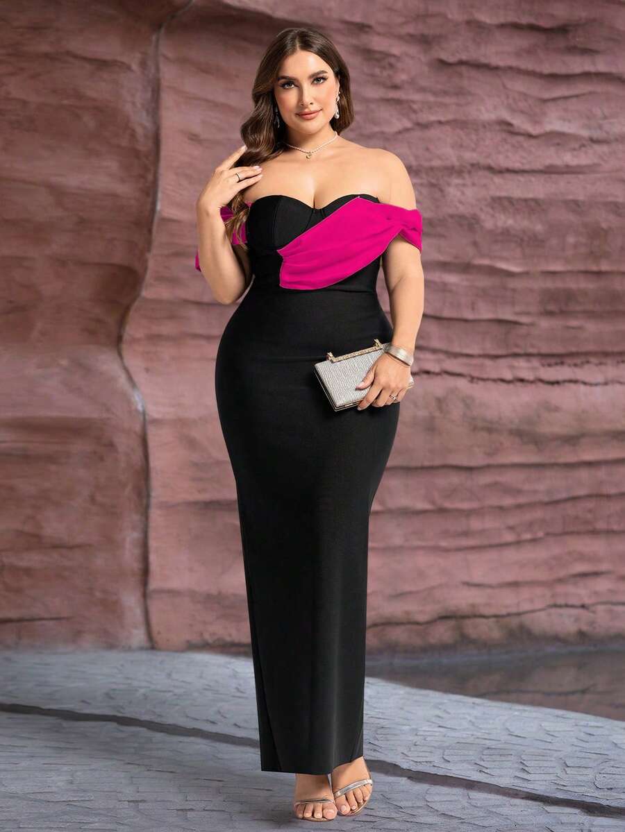 Vestido ajustado con hombros descubiertos y contraste de color para tallas grandes - Rosa Fucsia - Ver 1