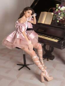 Teen Girl Off Shoulder Bow Satin Dress, Princess Dress, Suitable For Teen GirlBirthday Gift, Formal Dinner, Prom, Cocktail Party, Wedding Bridesmaid, Hostess, Special Occasion, Holiday Celebration