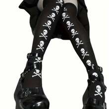 Skull Print Thigh Socks, Halloween Cosplay Knee Socks, Women's Stockings And Music Festival Socks - 黑色 - 查看 2