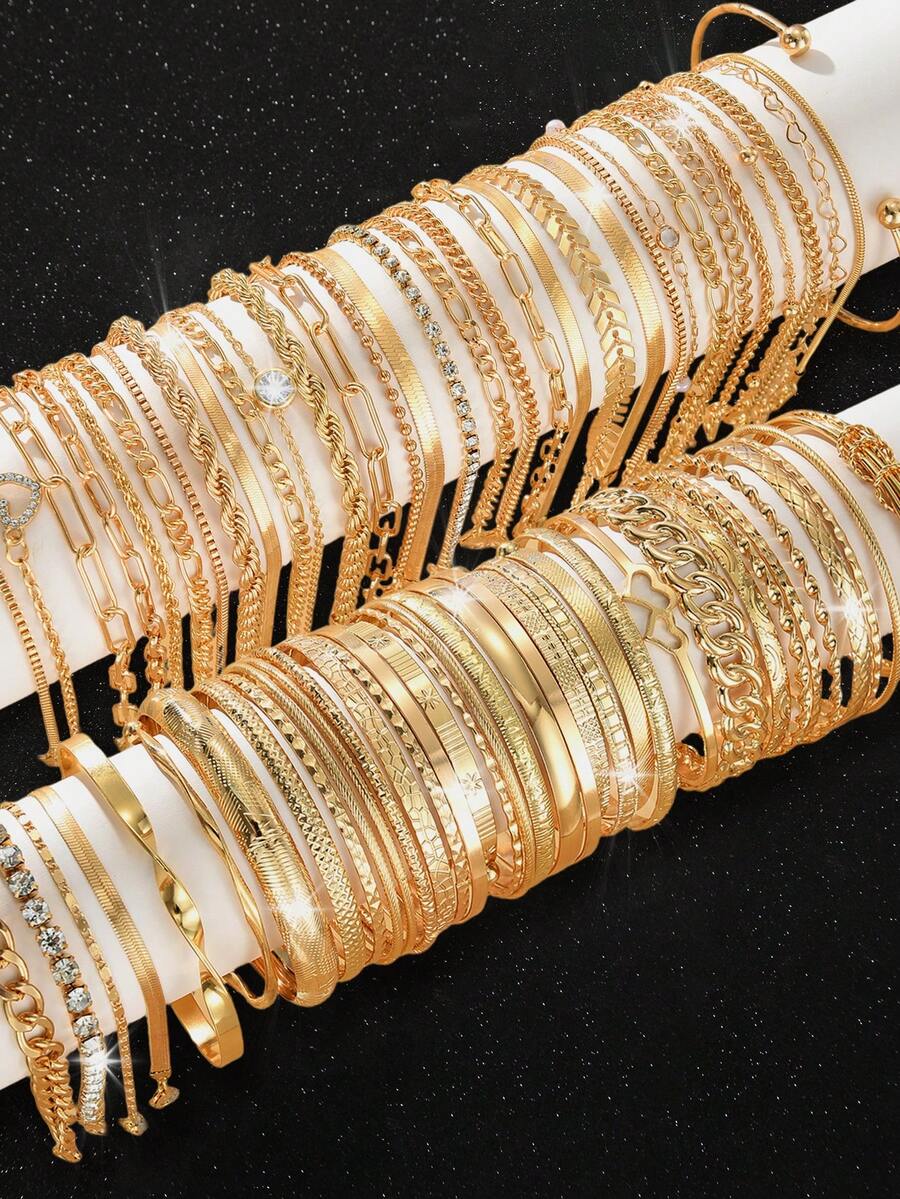30/25/15/10pcs Geometric Rhinestone Bangle & Bracelet Set, Bling Bling Sparkling Heart, Star, Twist, Round, Snake Chain, Box Chain, Metal Design, Fashion, Elegant, Vintage, Suitable For Holiday, Party, Gift, Daily Wear - Yellow Gold - View 1