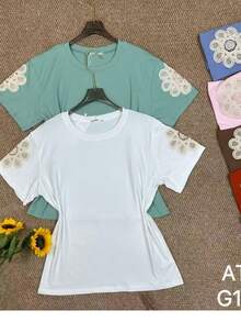 Basic T-Shirt With Flower Detail On The Sleeve, Summer - 粉色 - 查看 1