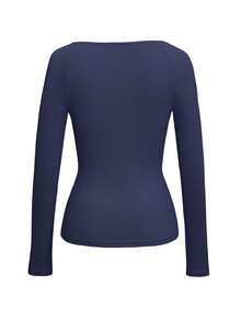 阳光女孩风格春季情人节女装返校长袖方领上衣，蕾丝领口，甜美休闲简约校园风 - 藏蓝色 - 查看 5