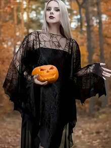 1 Piece Of Halloween Spider Web Bat Cape, European And American Black Festival Shawl Cape, Warp Knitted Costume Props - A - View 2